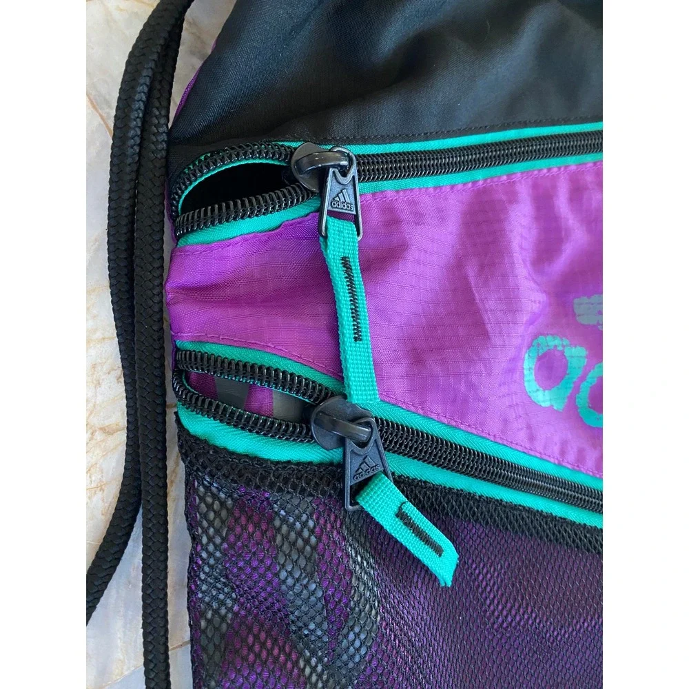Adidas Drawstring Cinch Bag Purple Mesh Sackpack Gym Backpack Zipper Pockets